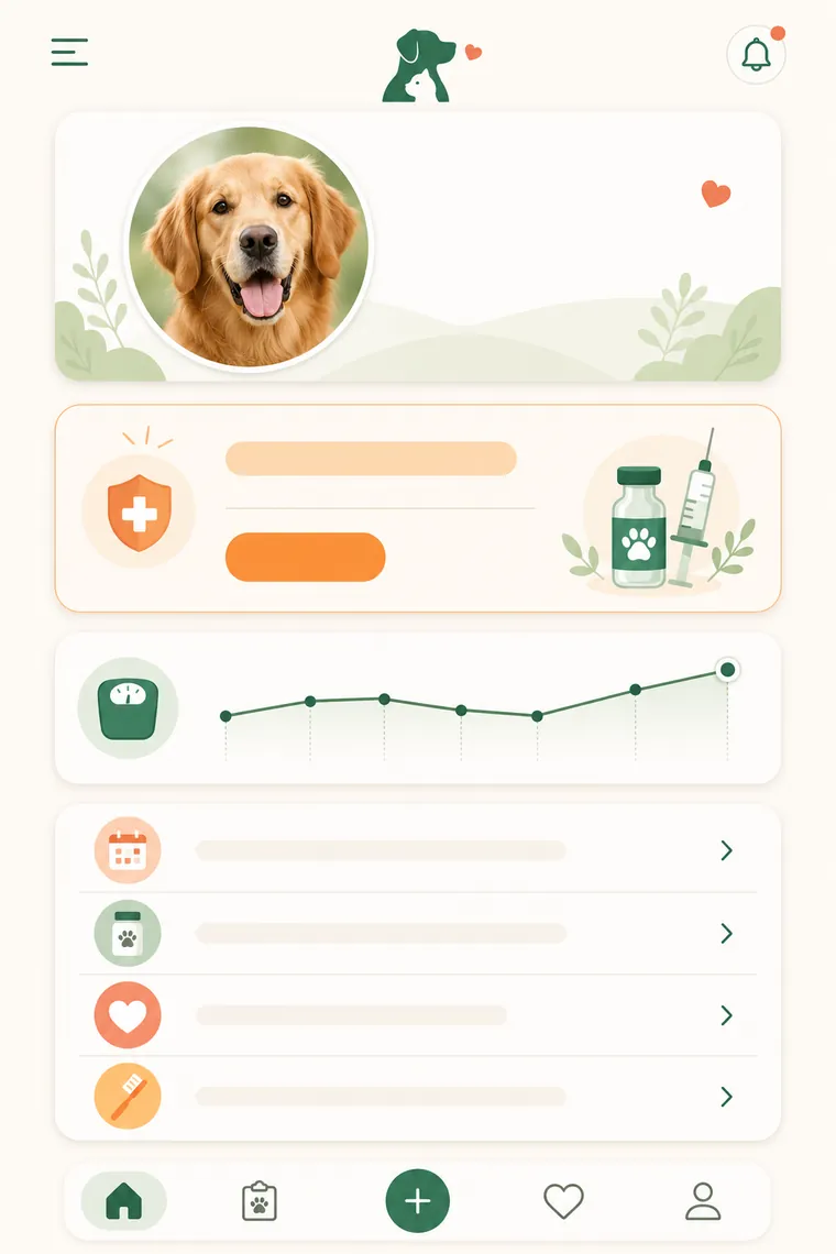 Maggie app home screen showing a dog's upcoming vaccine and weight trend