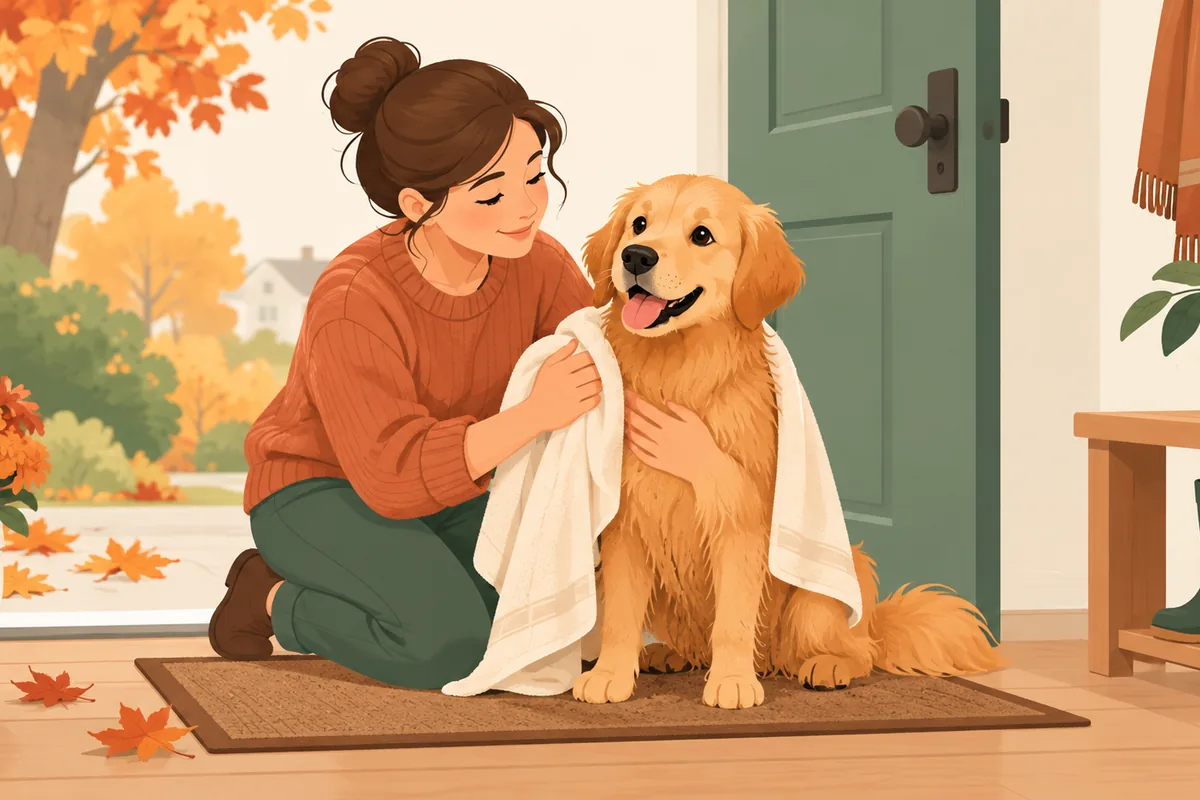 An owner drying a dog with a towel by the door after an autumn walk and checking its fur.