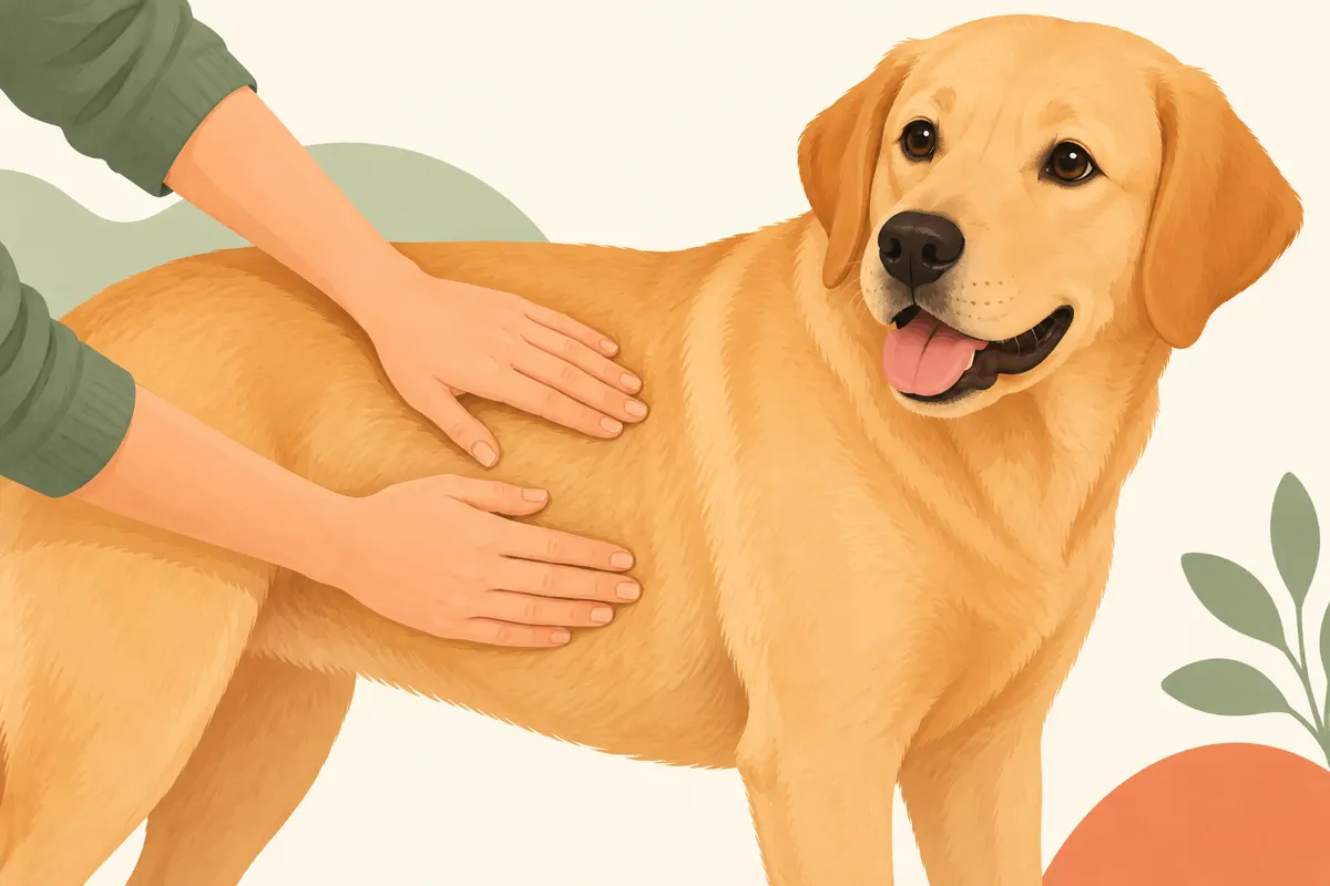 Hands gently feeling a dog's ribs through its coat.