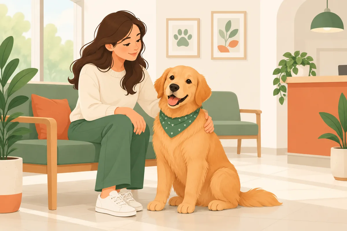 An adult golden retriever sitting calmly beside its owner in a vet's waiting room.