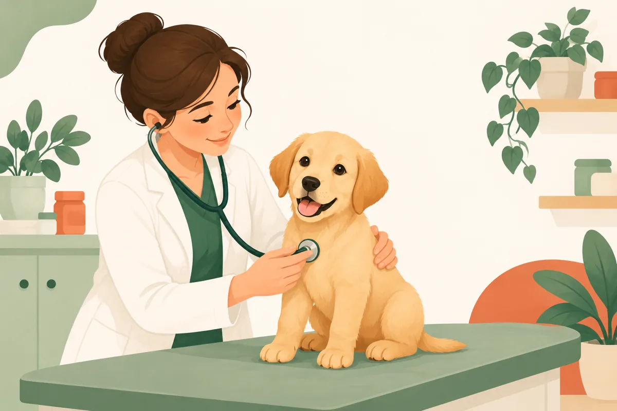 A young yellow puppy sitting calmly on a vet's exam table while the vet listens to its chest with a stethoscope.