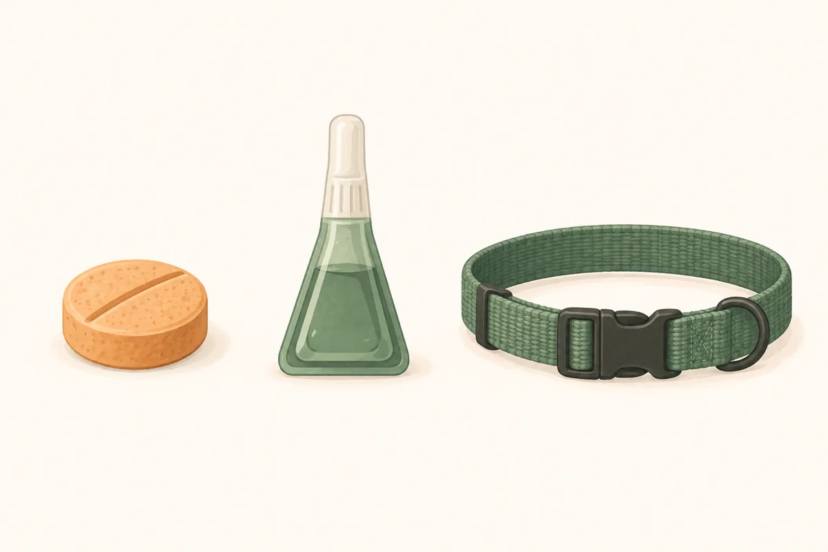 A chewable tablet, a small spot-on pipette and a plain dog collar laid out side by side.