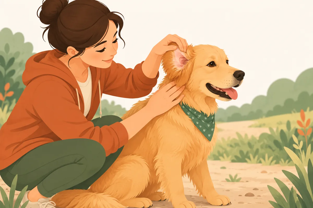 An owner kneeling to check a calm dog's ear and neck fur with their fingertips after a walk.