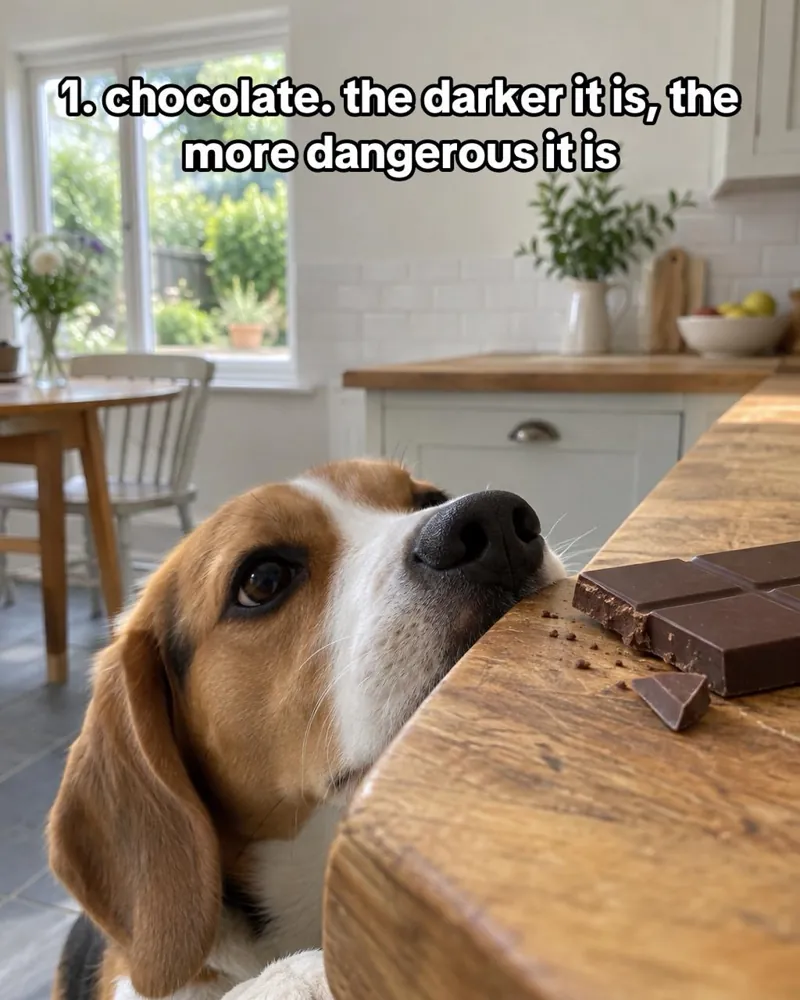A beagle sniffing a dark chocolate bar at the counter edge. Text: 1. chocolate. the darker it is, the more dangerous it is