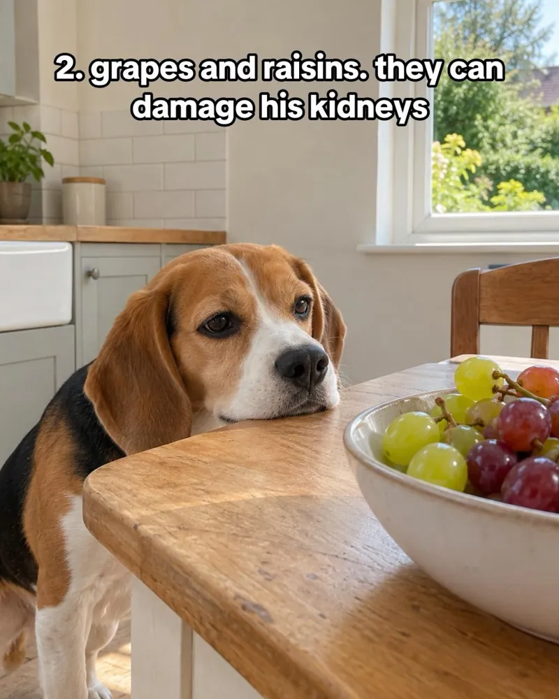A beagle resting its chin by a bowl of grapes. Text: 2. grapes and raisins. they can damage his kidneys