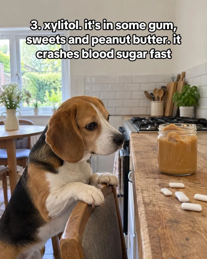 A beagle with paws on a chair, eyeing peanut butter and chewing gum. Text: 3. xylitol. it's in some gum, sweets and peanut butter. it crashes blood sugar fast