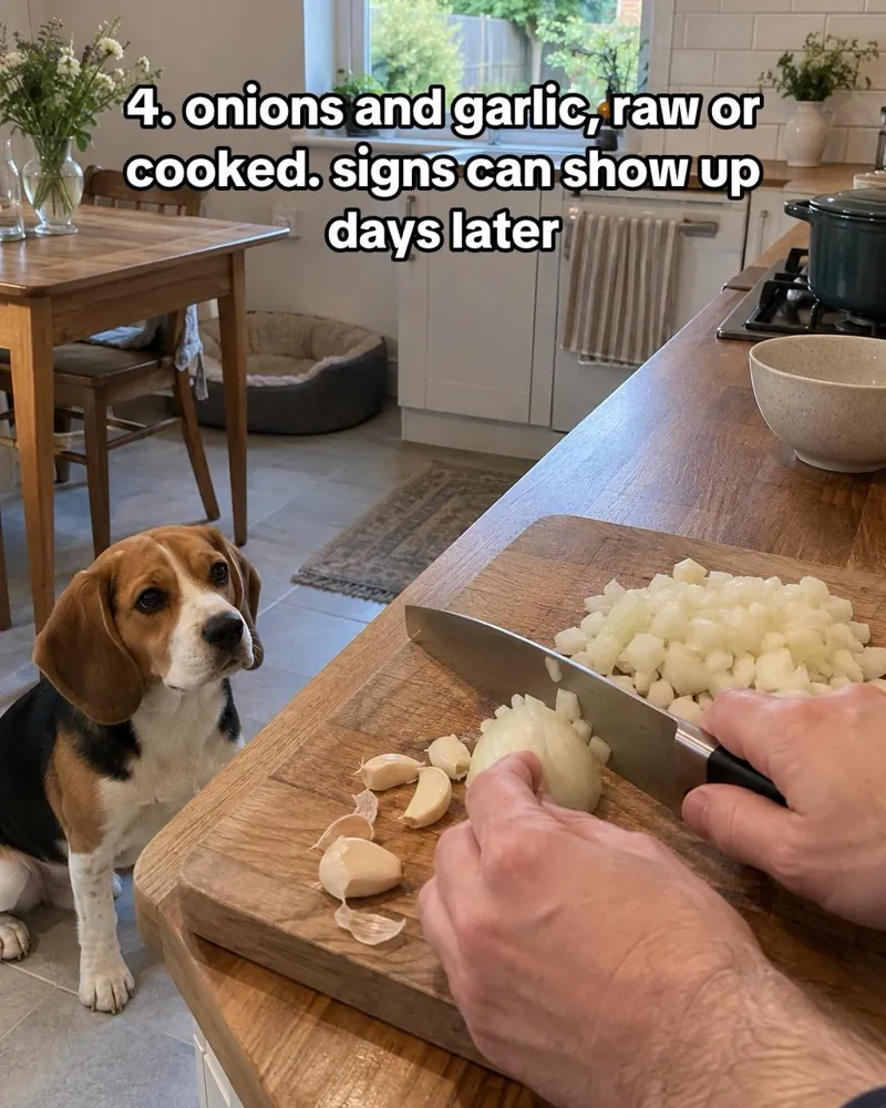 A beagle watching someone chop onion and garlic. Text: 4. onions and garlic, raw or cooked. signs can show up days later