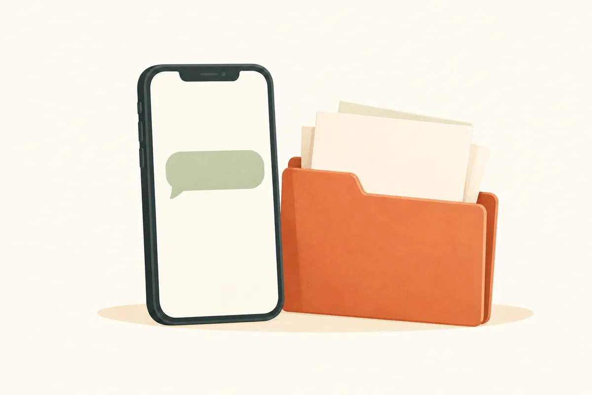A phone with a chat bubble next to a folder of a dog's health papers.
