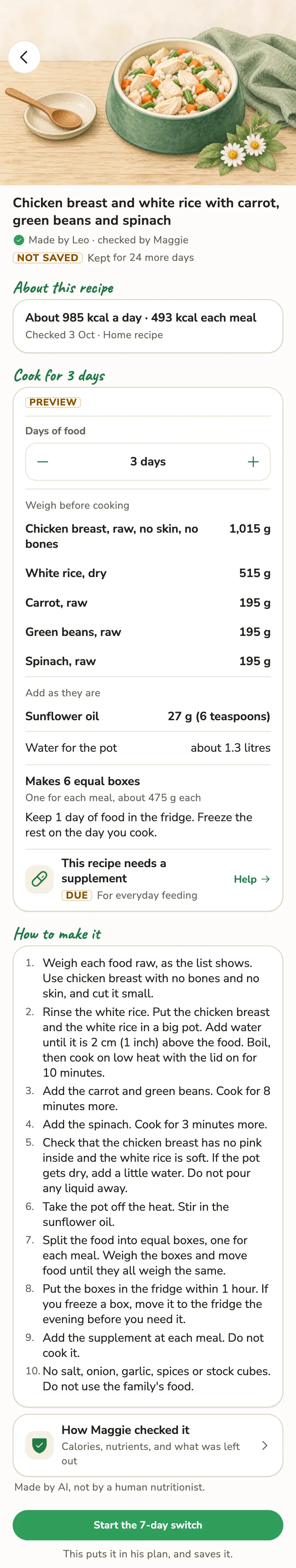 A sample home recipe on the recipe screen: about 985 kcal a day, "Cook for 3 days" with the PREVIEW mark, the raw weight of each food, the oil, the water for the pot, 6 equal boxes, the supplement note, the steps, "How Maggie checked it" and "Made by AI, not by a human nutritionist." The recipe in the picture is a test example, not a real dog's.