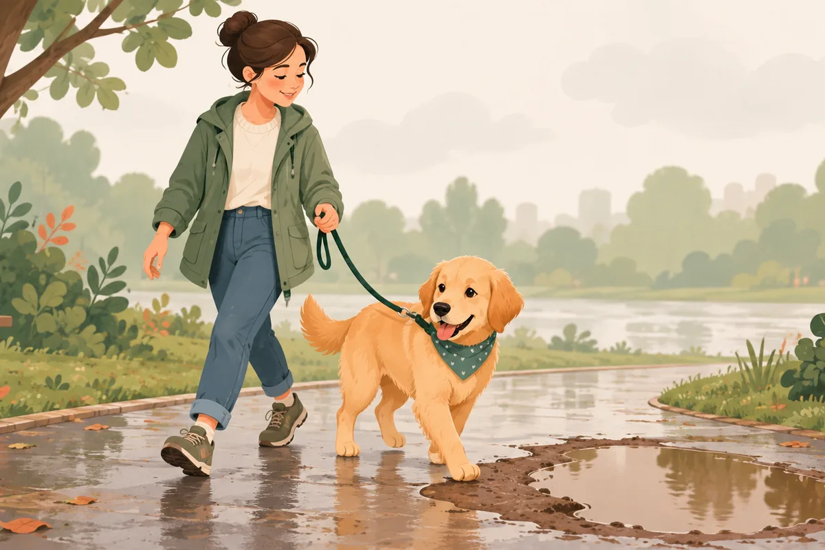 An owner guiding a dog on a lead around a muddy puddle.