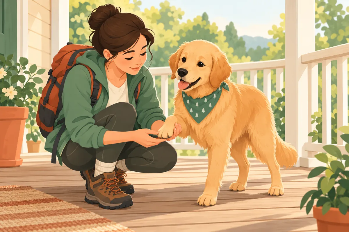 An owner on a porch checking a dog's paws and legs after a hike.