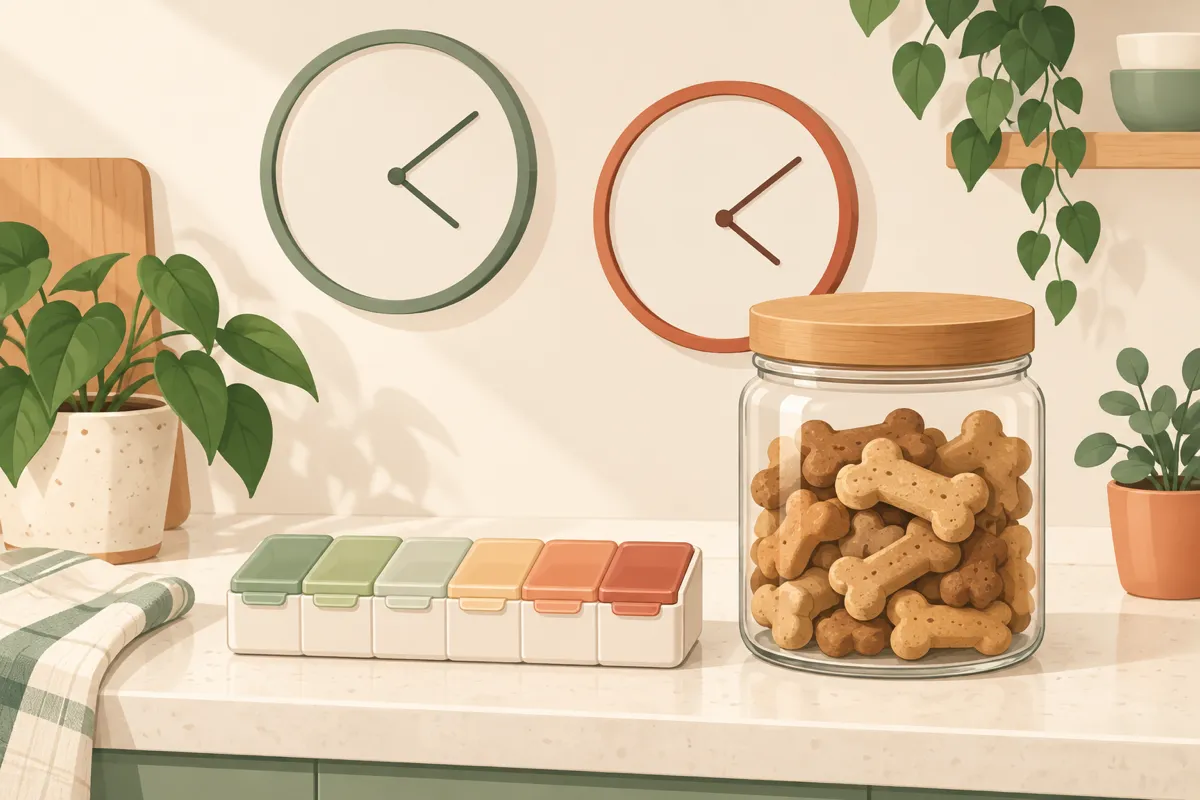A weekly pill box and a dog's treat jar on a kitchen counter, with two wall clocks behind.
