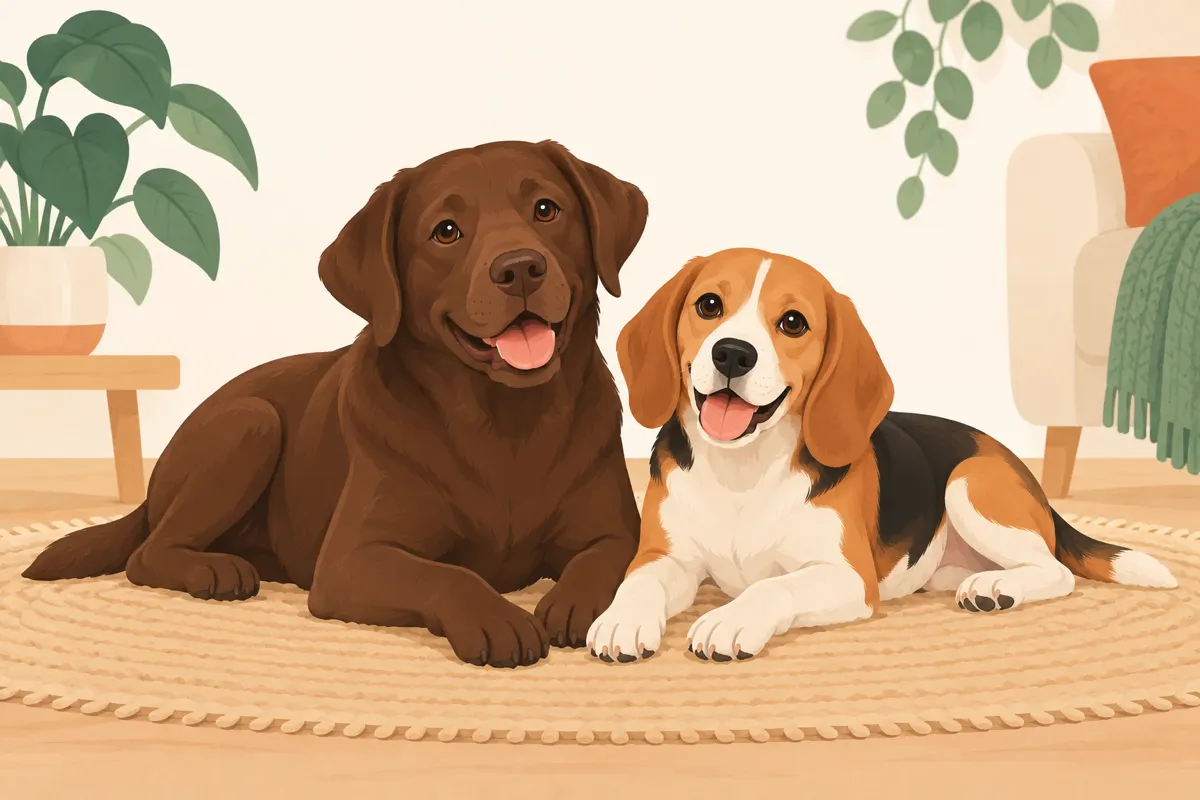 A labrador and a beagle lying side by side on a rug.