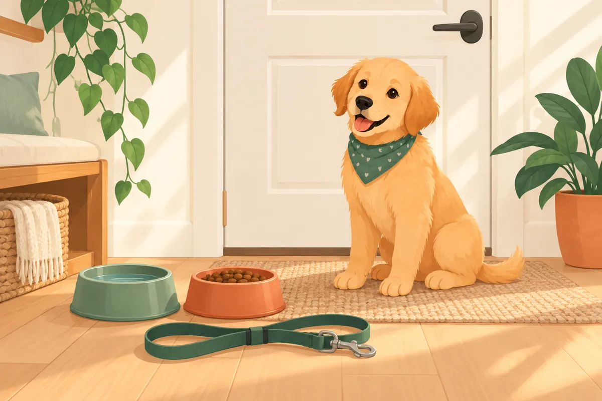 A dog's water bowl, food bowl and lead by the door in morning light.
