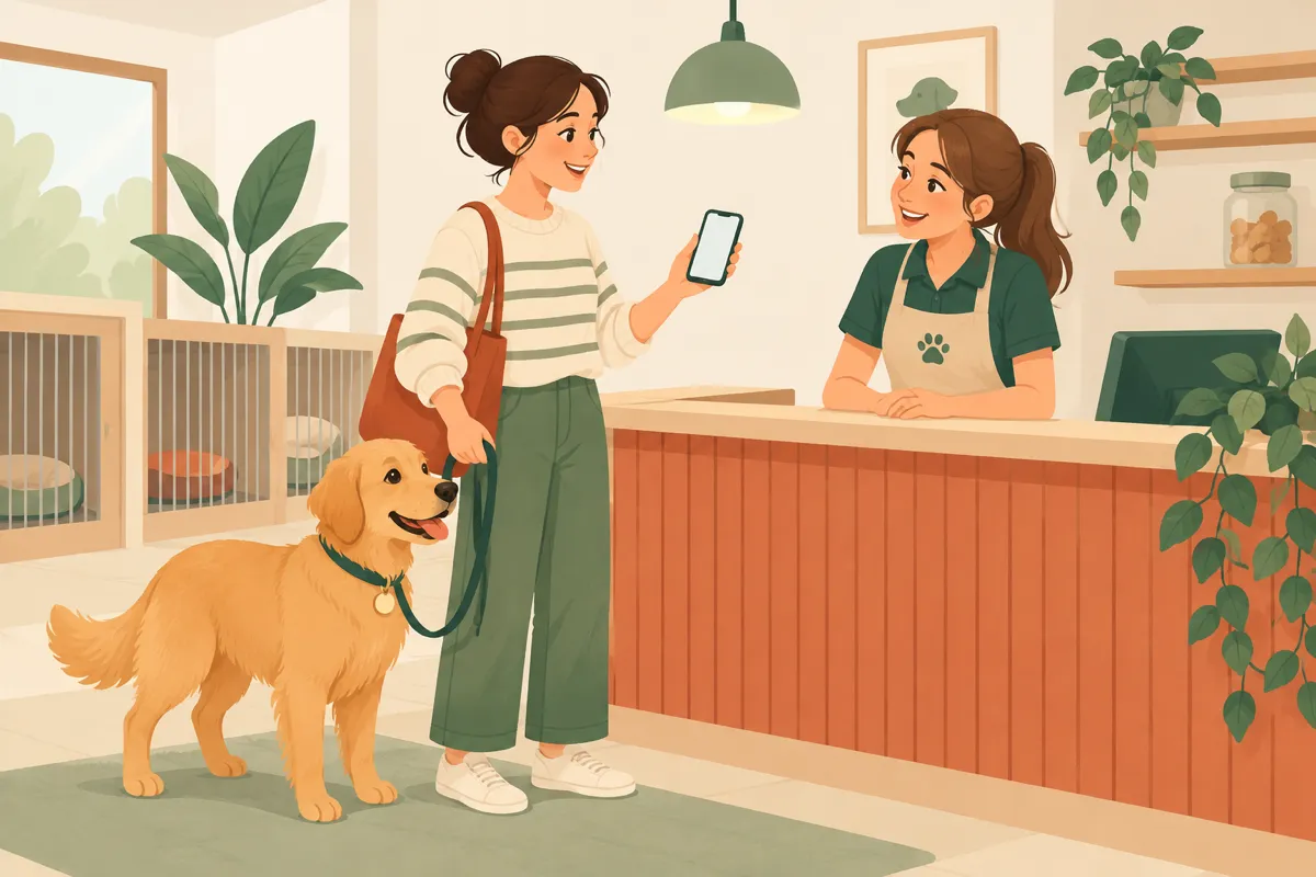 An owner showing a phone to a boarding kennel receptionist, with a dog on a lead beside them.