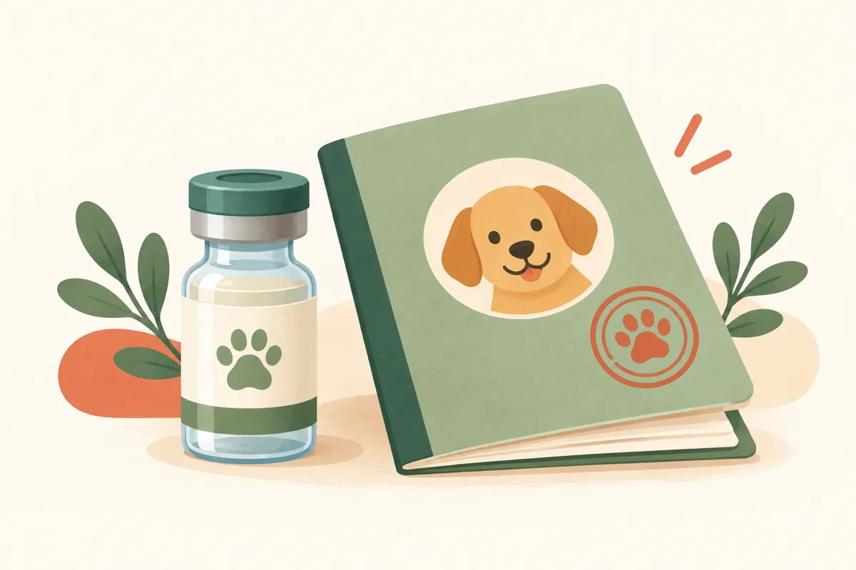 A vaccine vial next to a pet record booklet with a stamp.