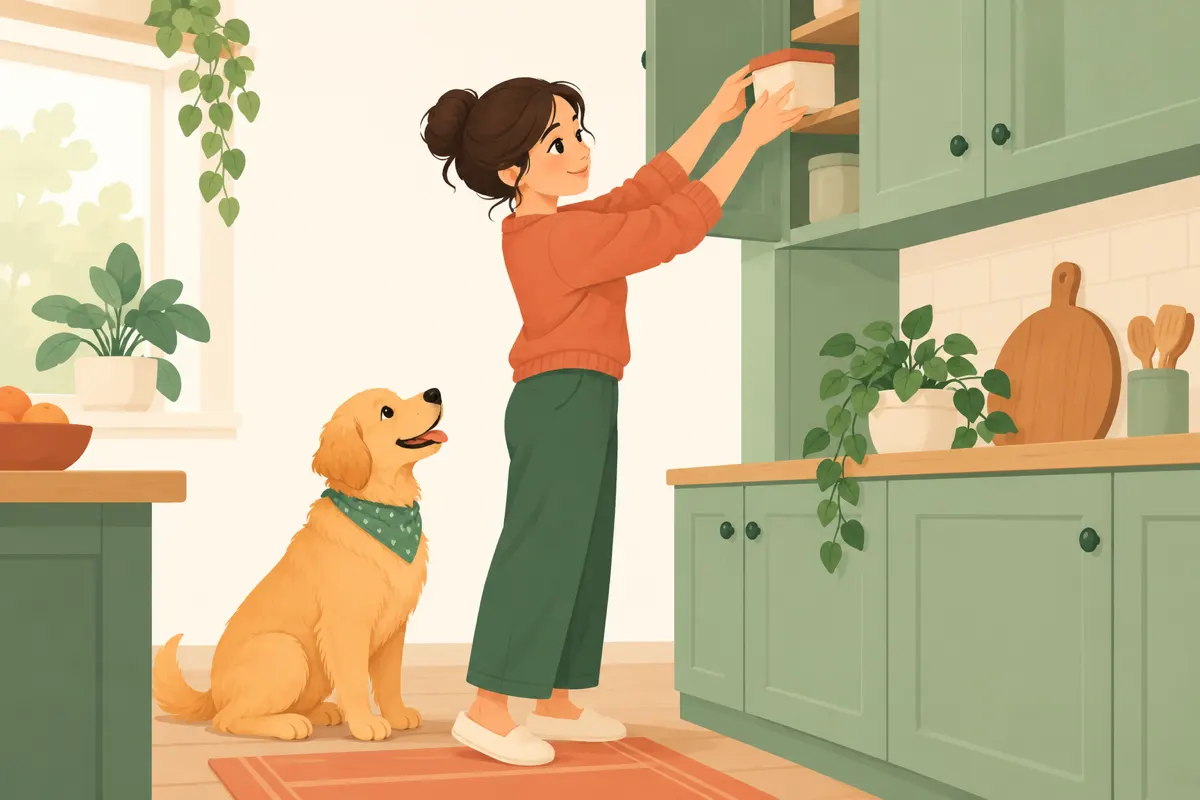 An owner putting food into a high cupboard while a dog watches.