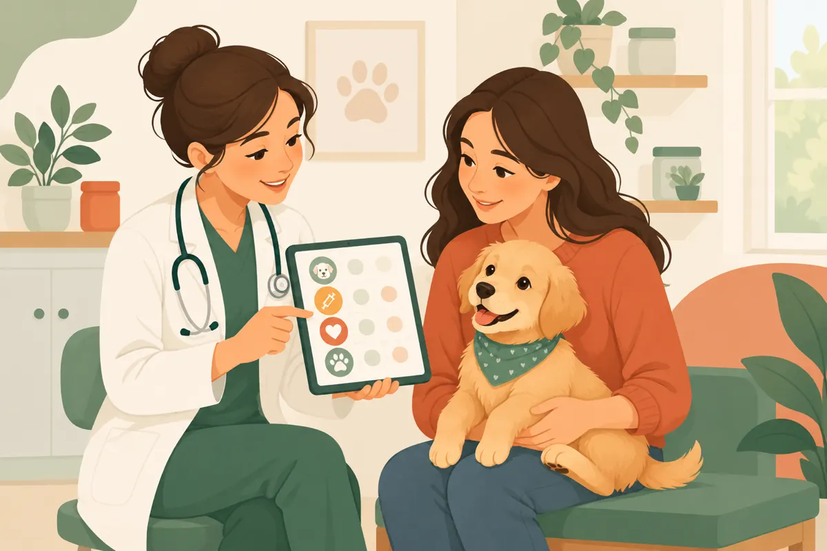 A vet showing an owner a chart on a tablet while a puppy sits on the owner's lap.