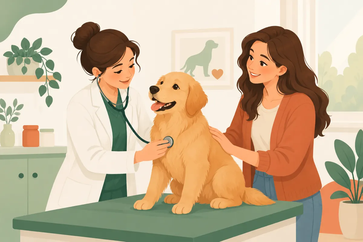 A vet examining a dog on a table while talking with its owner.