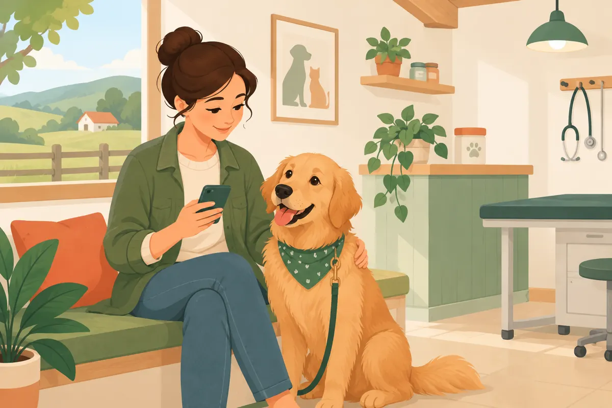 An owner holding a phone at a small countryside vet clinic, with a dog beside them.